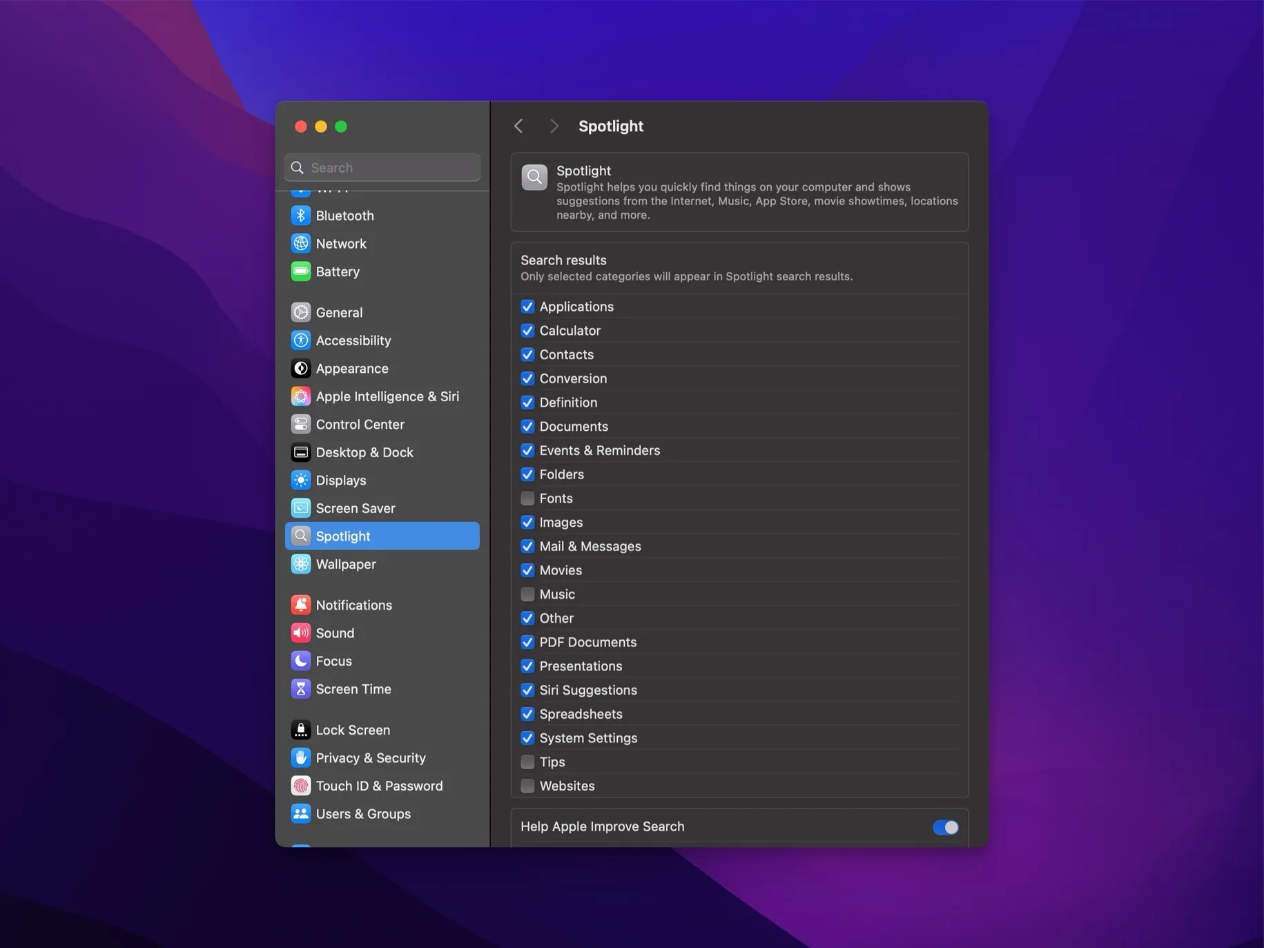 Mac Spotlight settings screen with various search categories enabled and some disabled.