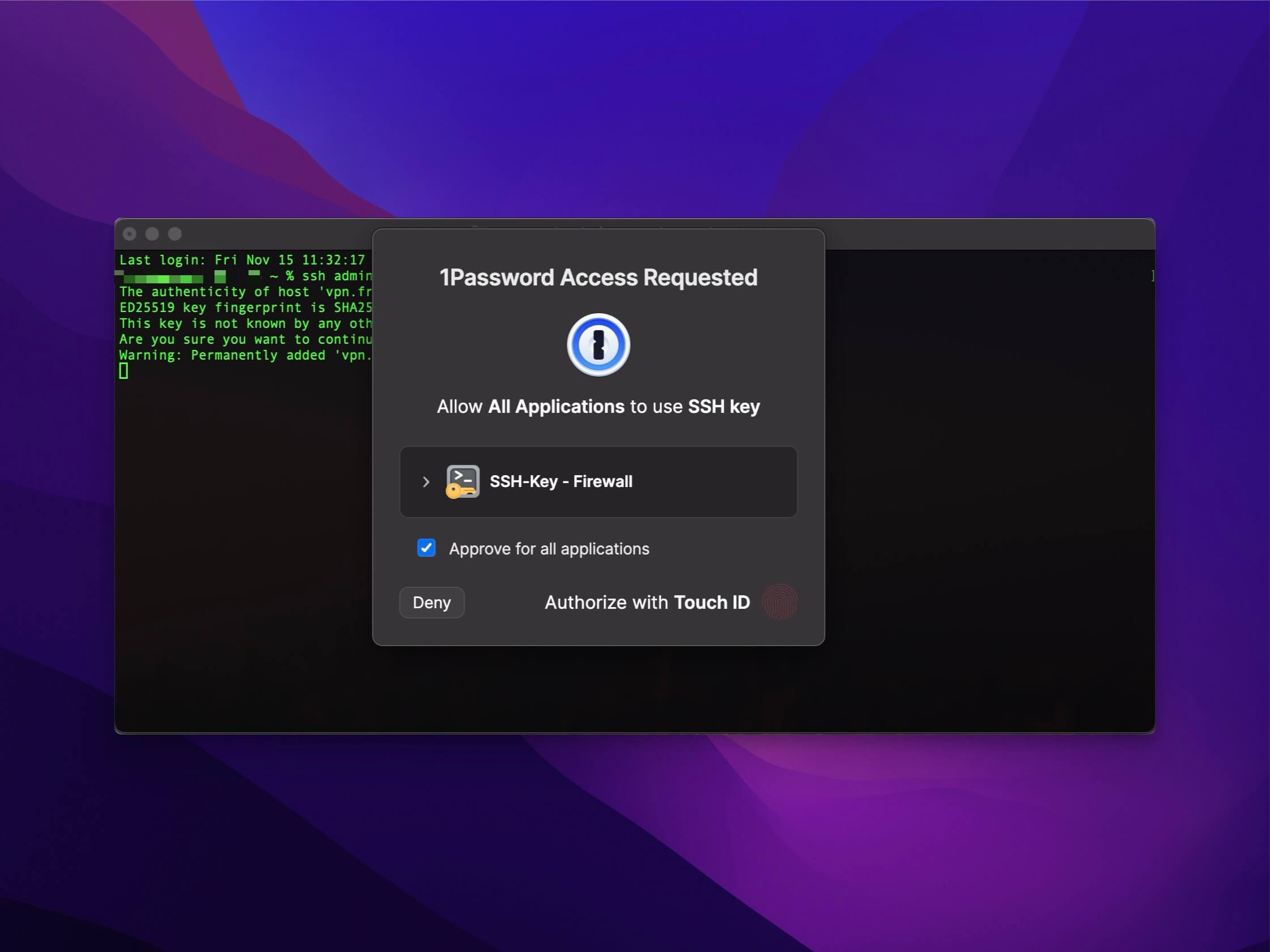 1Password access prompt for SSH key with Touch ID