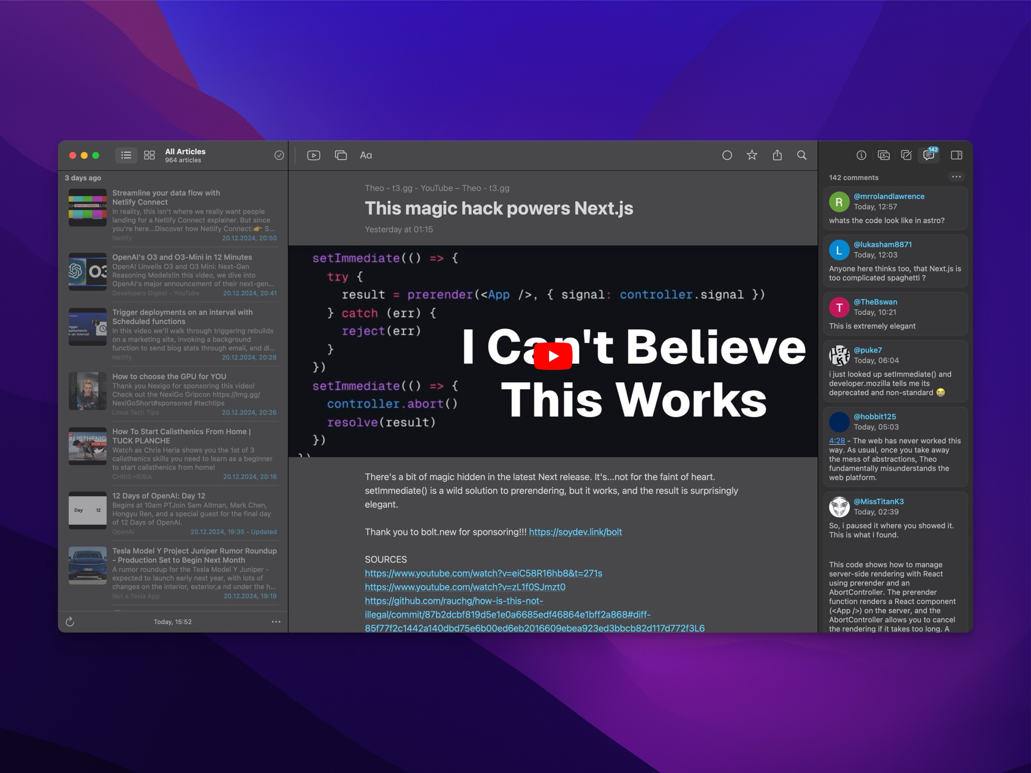 news Explorer showcasing articles, code snippets, and user comments