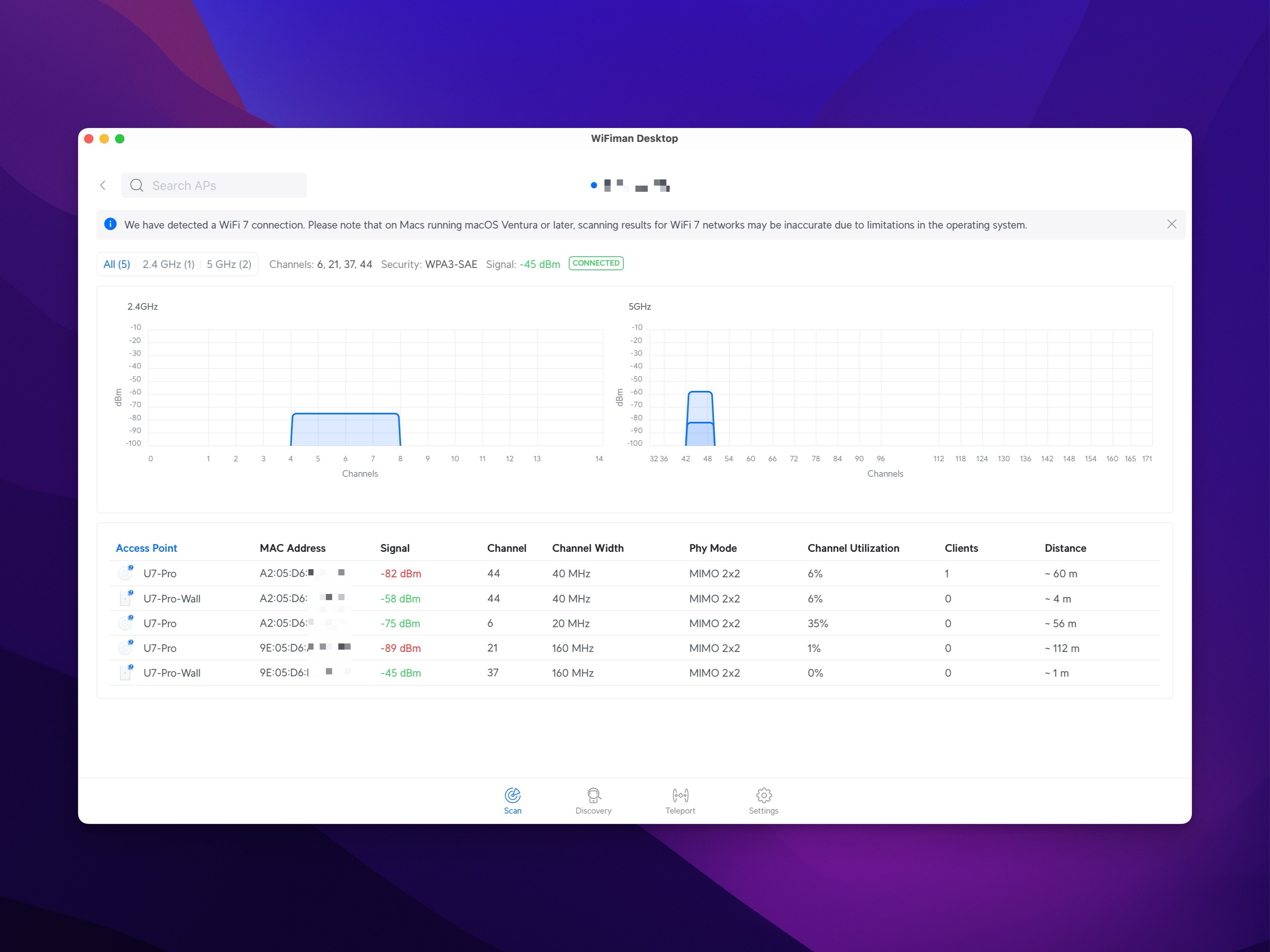 WiFiman wifi analyzer interface displaying access points, signal strength, and channel utilization