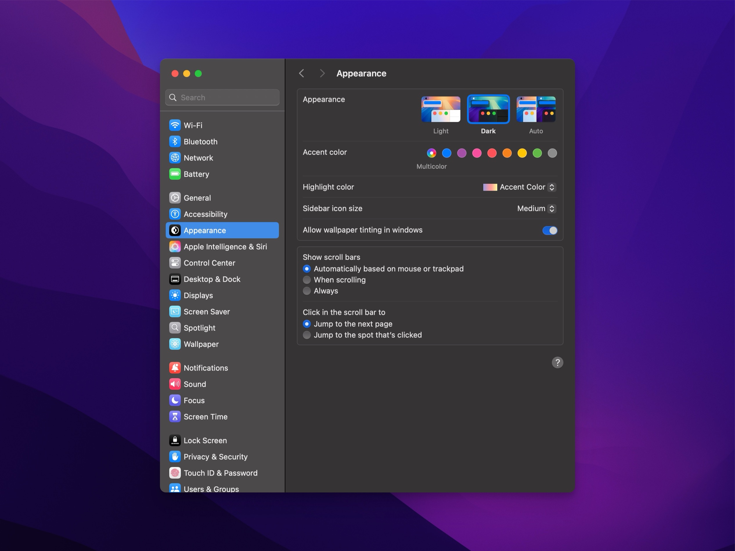 Mac Appearance settings screen with options for light, dark, and auto themes, accent colors, sidebar icon size, and scroll bar settings.