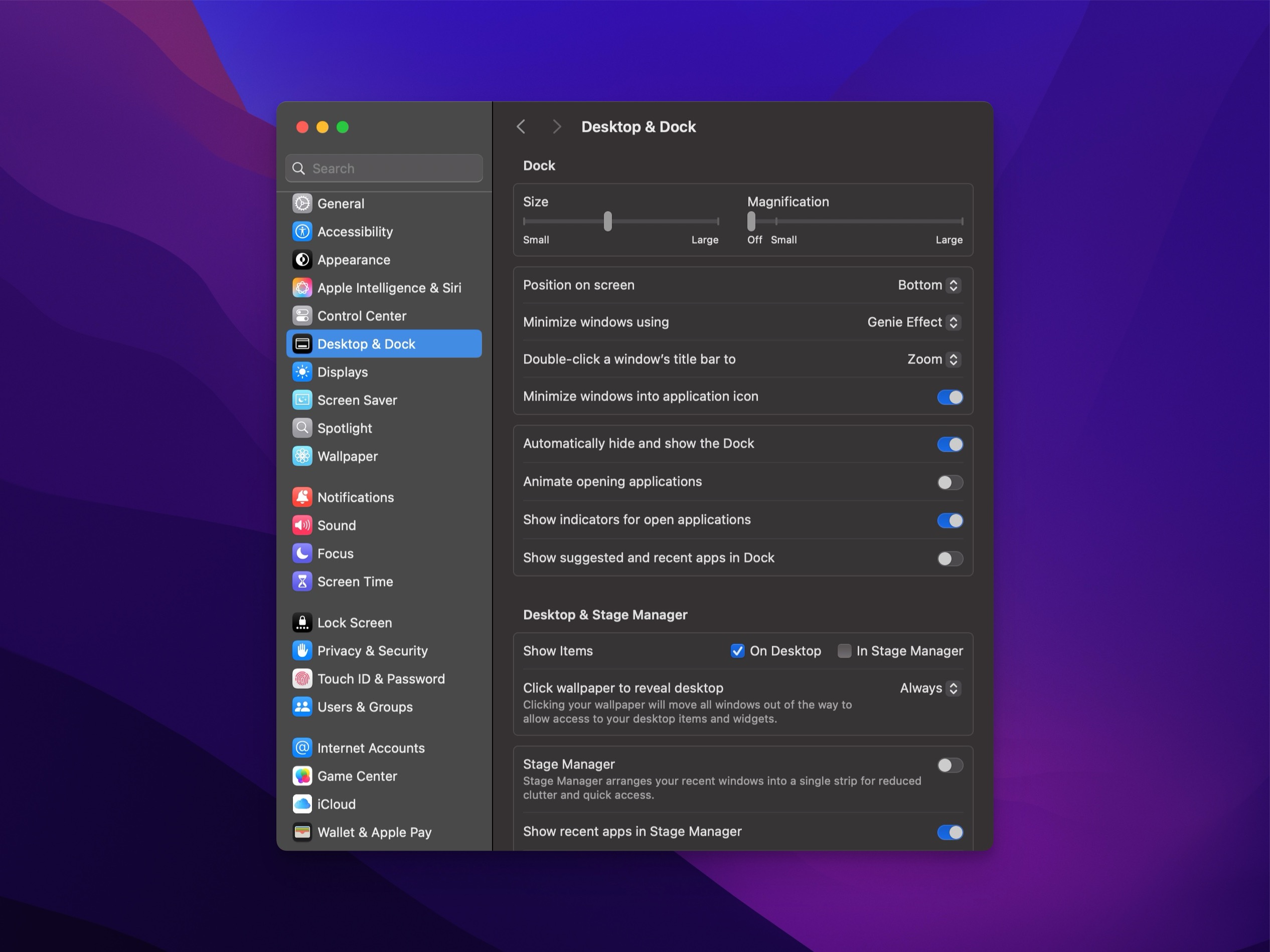 Mac Desktop & Dock settings screen showing options for dock size, magnification, position, window minimization, and stage manager settings.