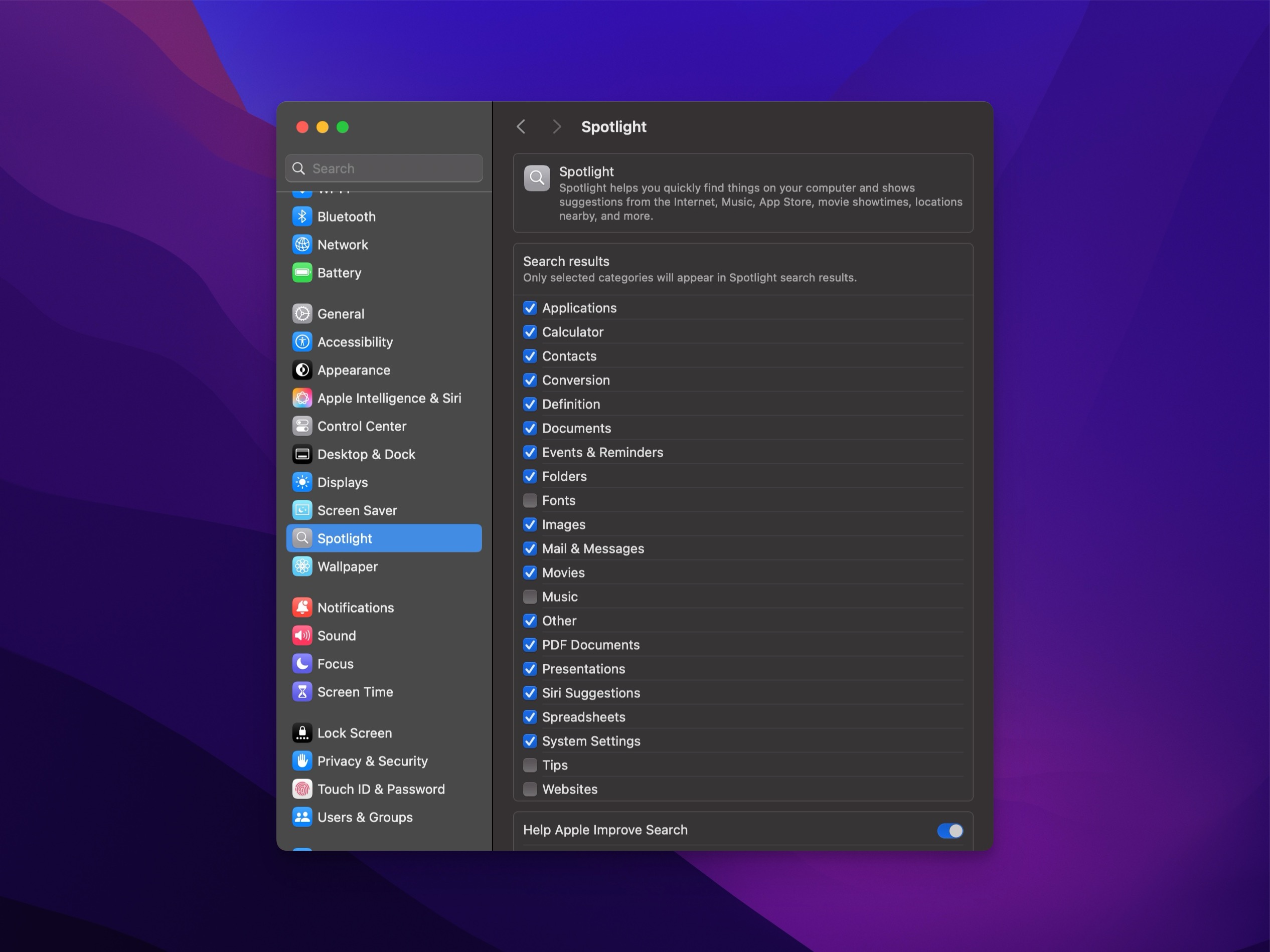 Mac Spotlight settings screen with various search categories enabled and some disabled.