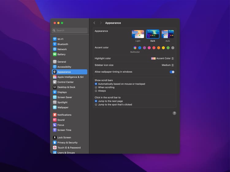 Mac Appearance settings screen with options for light, dark, and auto themes, accent colors, sidebar icon size, and scroll bar settings.