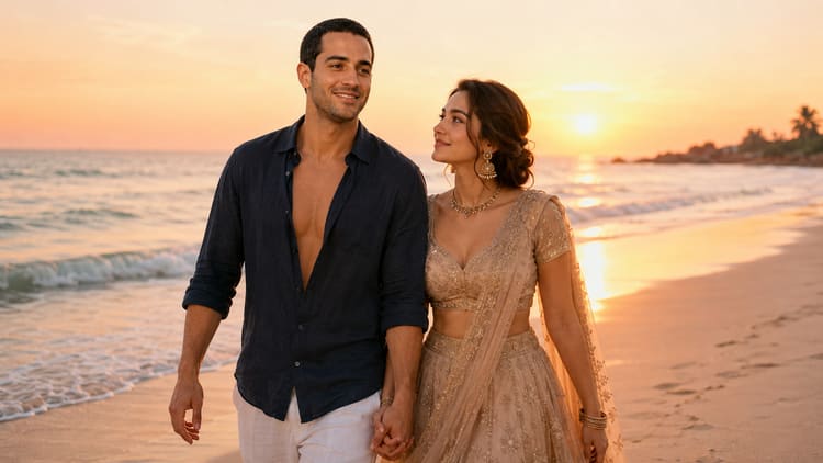 Scena di coppia romantica sulla spiaggia generata dall'intelligenza artificiale, variante 3