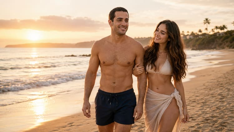 Scena di coppia romantica sulla spiaggia generata dall'intelligenza artificiale, variante 1