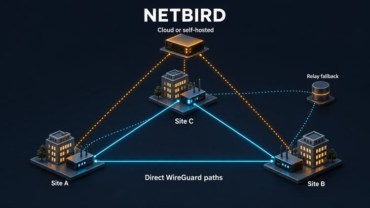 NetBird collega tre gateway direttamente con WireGuard e coordinamento cloud o autogestito.