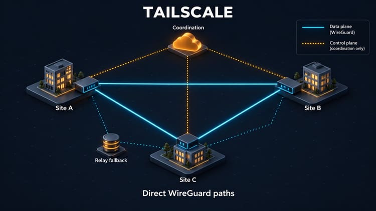 Tailscale collega tre gateway con WireGuard diretto, coordinamento separato e relay di riserva.