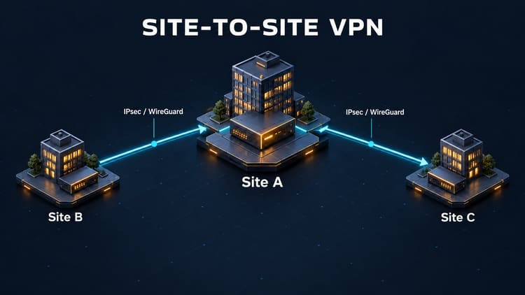 Tre sedi con gateway VPN centrale: B e C comunicano attraverso A.