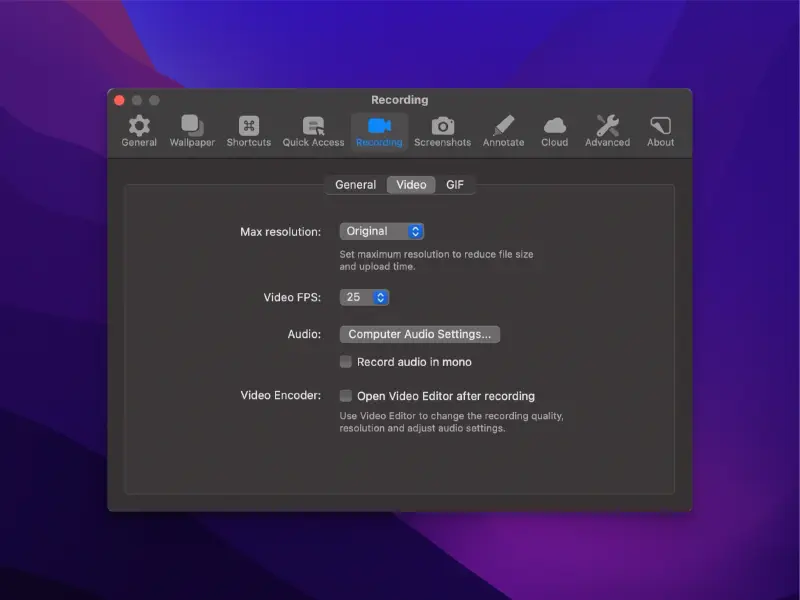 CleanShot X Video Settings