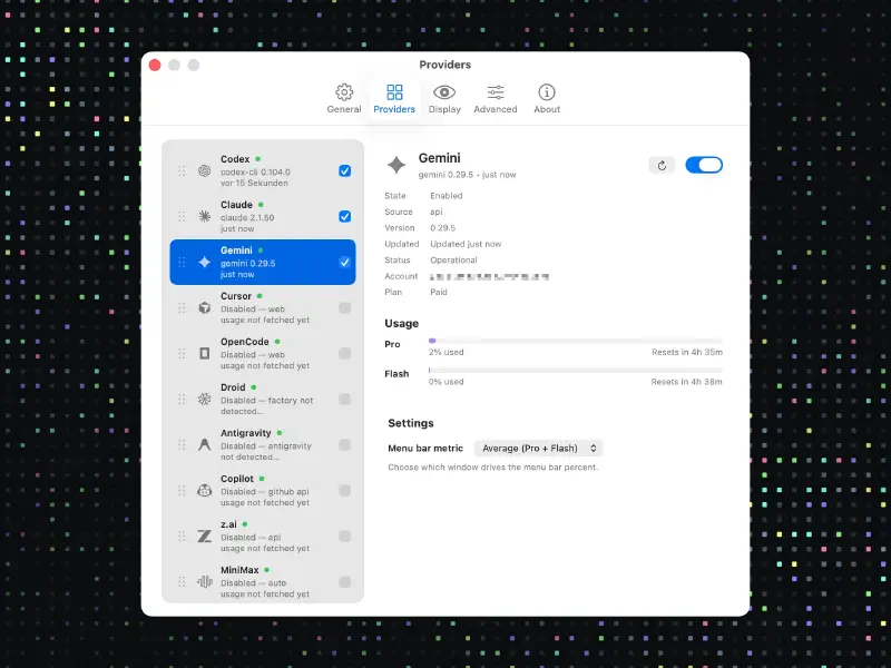 إعدادات المزوّدات في CodexBar على macOS