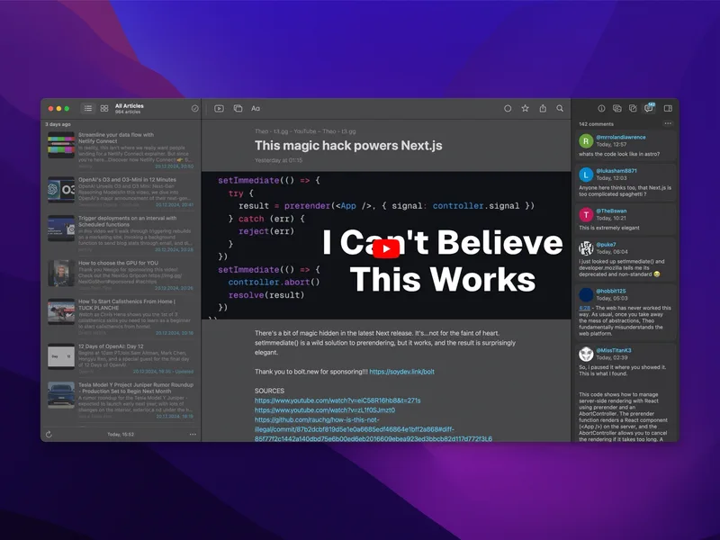 news Explorer showcasing articles, code snippets, and user comments