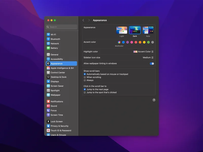 Mac Appearance settings screen with options for light, dark, and auto themes, accent colors, sidebar icon size, and scroll bar settings.