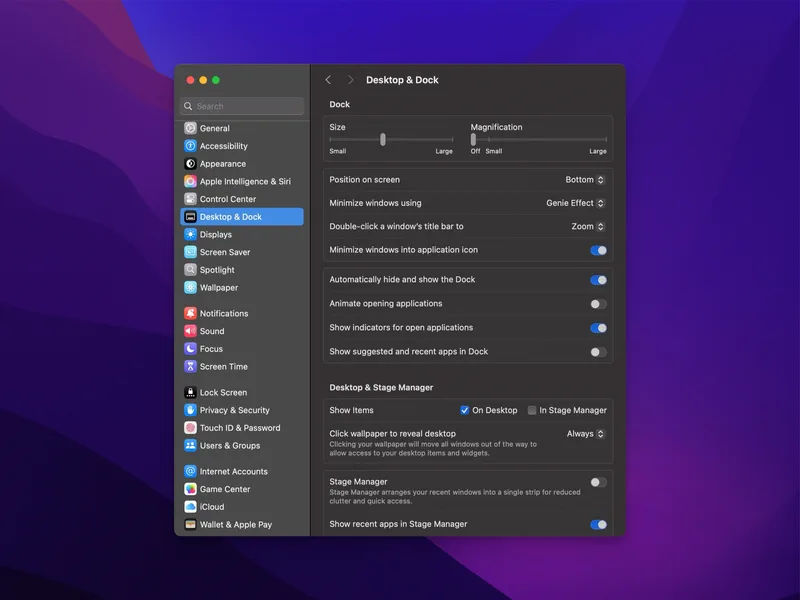 Mac Desktop & Dock settings screen showing options for dock size, magnification, position, window minimization, and stage manager settings.