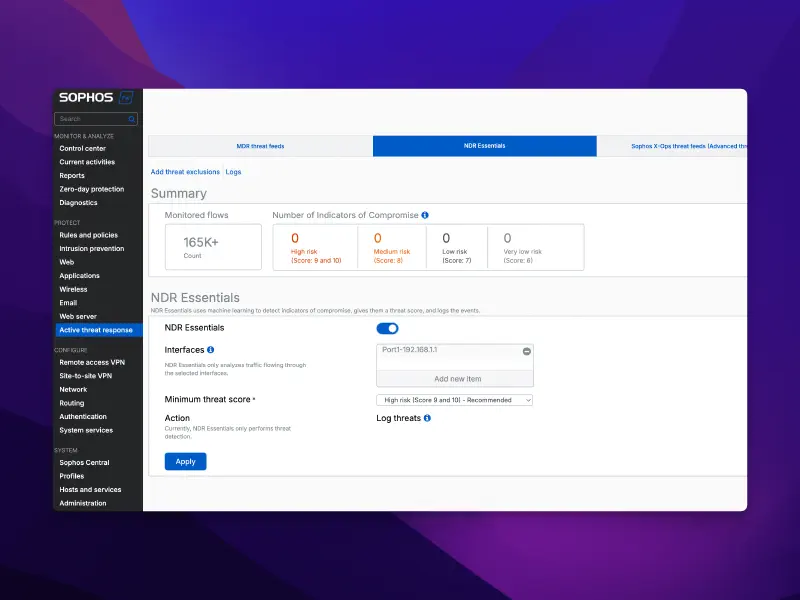 Configurações do NDR Essentials no Sophos Firewall v21.5