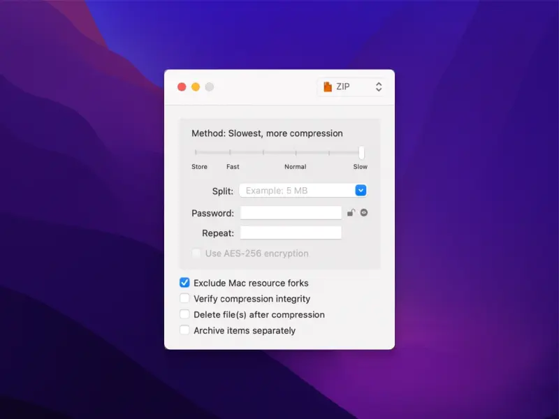 keka compression app interface for zip files with settings and encryption options