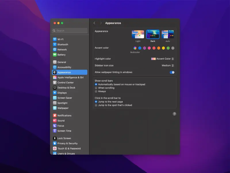 Mac Appearance settings screen with options for light, dark, and auto themes, accent colors, sidebar icon size, and scroll bar settings.