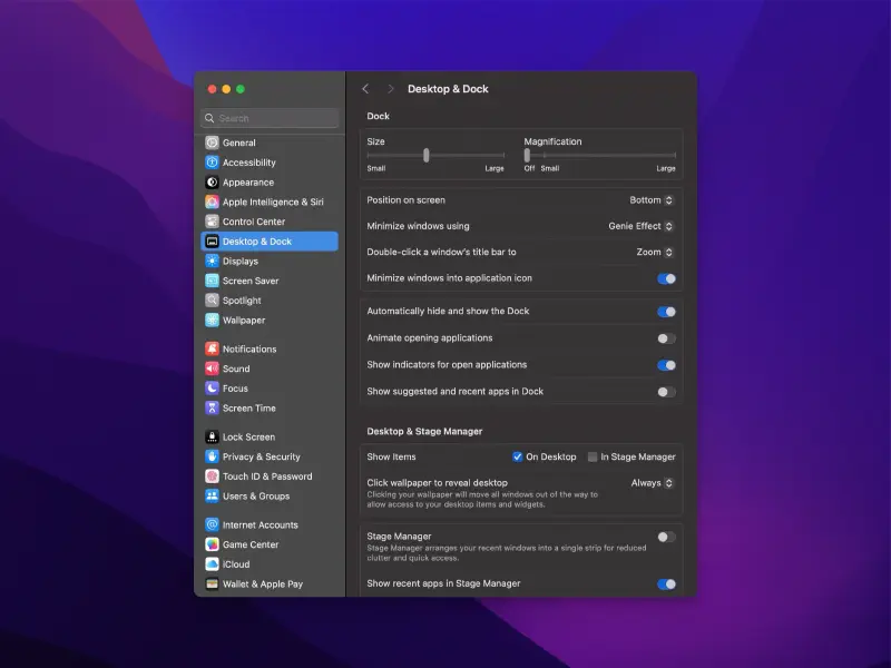 Mac Desktop & Dock settings screen showing options for dock size, magnification, position, window minimization, and stage manager settings.