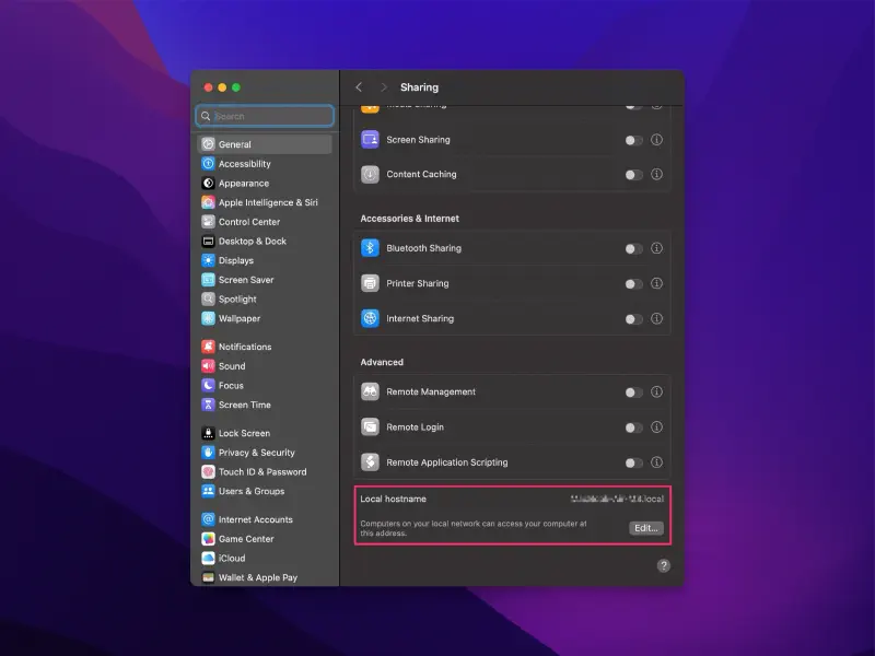 Mac Sharing settings screen showing options for screen sharing, content caching, Bluetooth sharing, printer sharing, internet sharing, and local hostname settings.